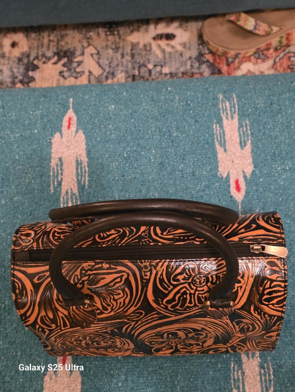 Floral Artisan Leather Speedy Satchel Burnt Copper & Black Western Crossbody - Picture 9 of 17